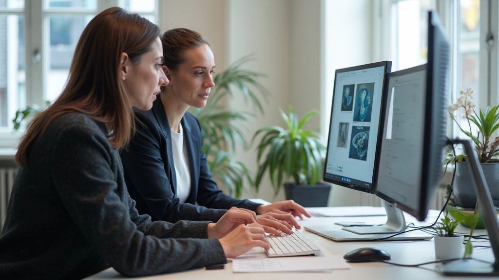 Equipe de designers colaborando na revisão de protótipos de interface em ambiente moderno de escritório com computadores